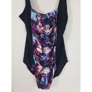 Calvin Klein Women's 18W Black Multicolor Rouched Front One Piece Bathing Suit